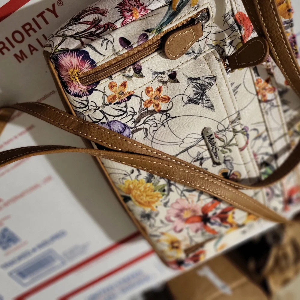 MultiSac Floral Crossbody/shoulder Bag Bag in Cream with Brown Trim - Picture 11 of 11